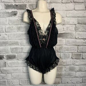 Vintage Dominique Black Satin Lace Teddy Romper Lingerie Bodysuit